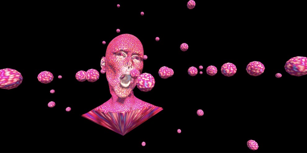 Pink digital 3D head from the mixed-reality opera visuals