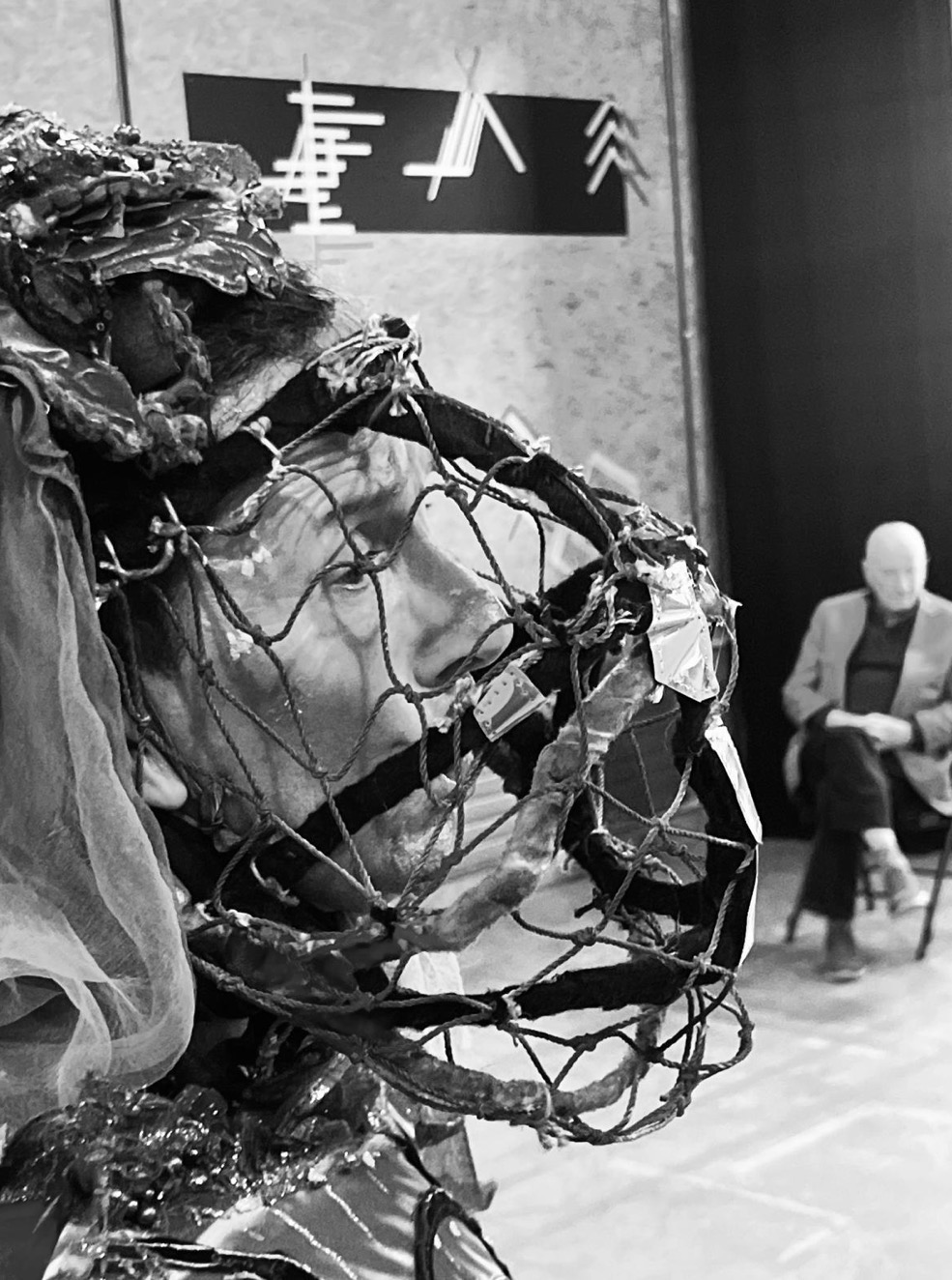 Black and white view of the netted costume on stage